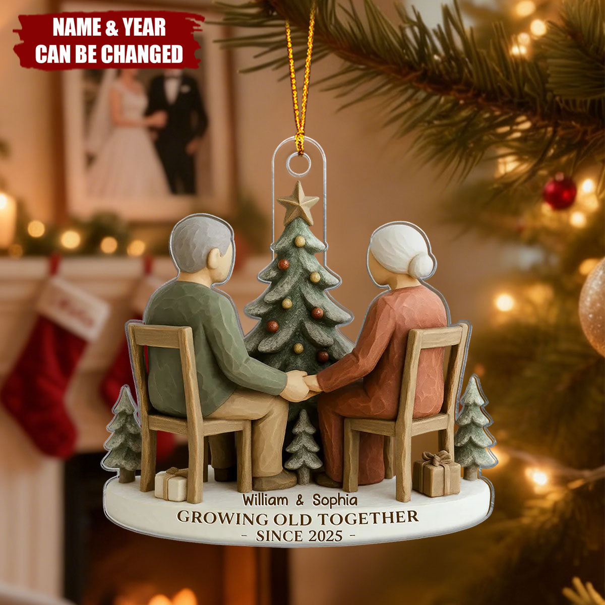Old Couple Growing Sitting On Chairs Together - Personalized Acrylic Ornament