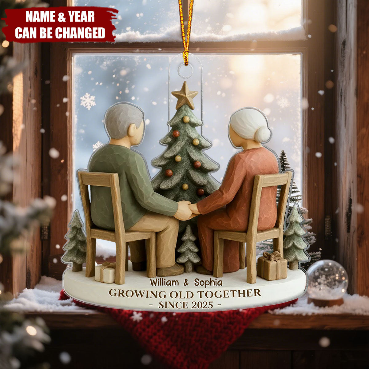 Old Couple Growing Sitting On Chairs Together - Personalized Acrylic Ornament